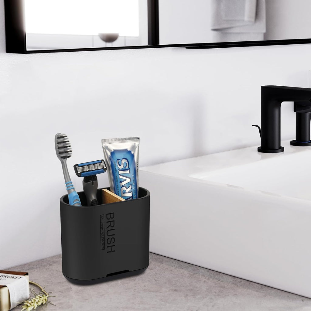 Toothbrush and Toothpaste Holder with Bamboo Divider for Bathroom Countertop Organizer, Detachable for Easy Clean, 2 Slots Electric Toothbrush Holders Storage Caddy Drainage for Family-Black