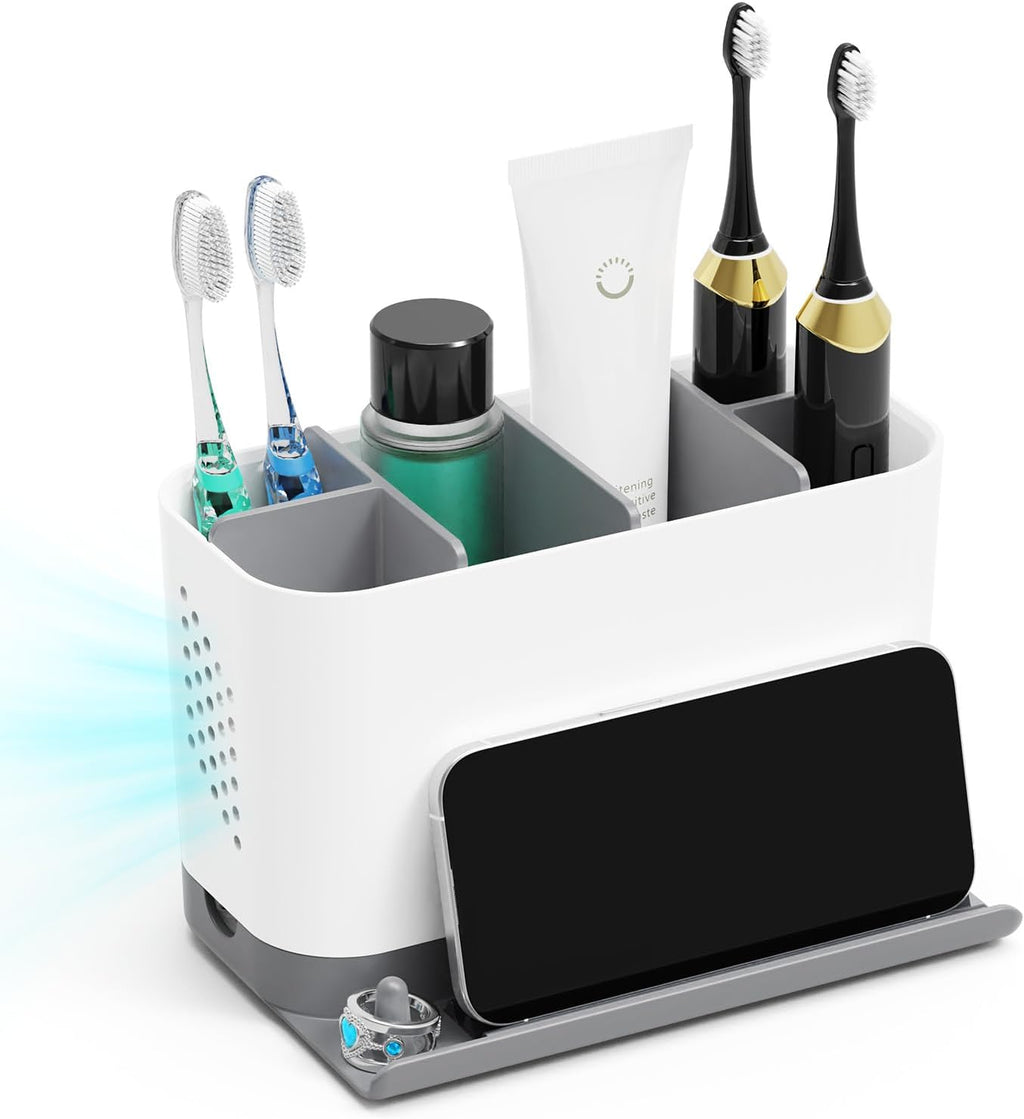 Toothbrush Holders for Bathrooms, Adjustable 6 Slots Electric Toothbrush and Toothpaste Holder, Cord-Friendly Detachable Bathroom Countertop Organizer with Front Ledge for Phone and Ring Holder