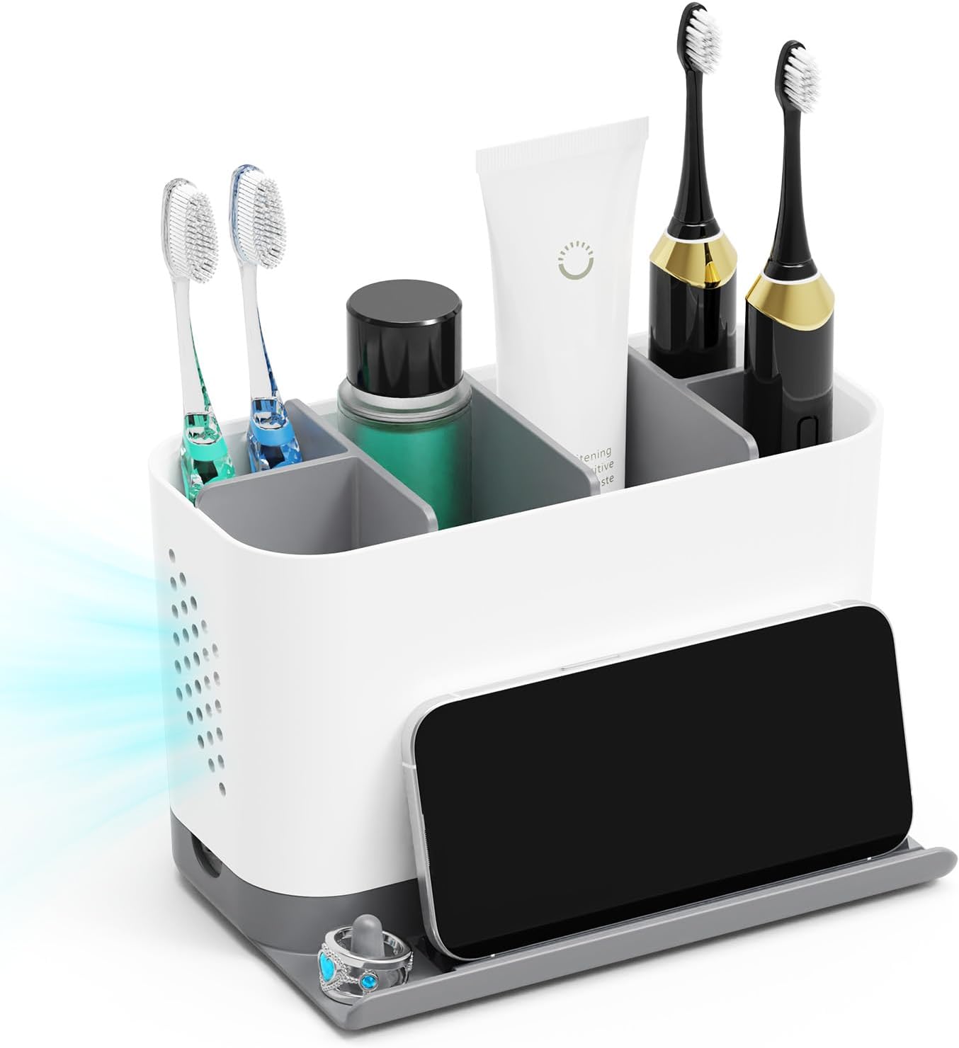 Toothbrush Holders for Bathrooms, Adjustable 6 Slots Electric Toothbrush and Toothpaste Holder, Cord-Friendly Detachable Bathroom Countertop Organizer with Front Ledge for Phone and Ring Holder
