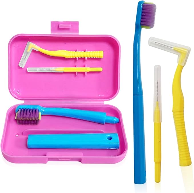 3-Pack Dental Care Kit - Angled Orthodontic Toothbrush, Interdental Brush, and Standard Toothbrush with Travel Case, Soft Bristles for Braces and Teeth Cleaning