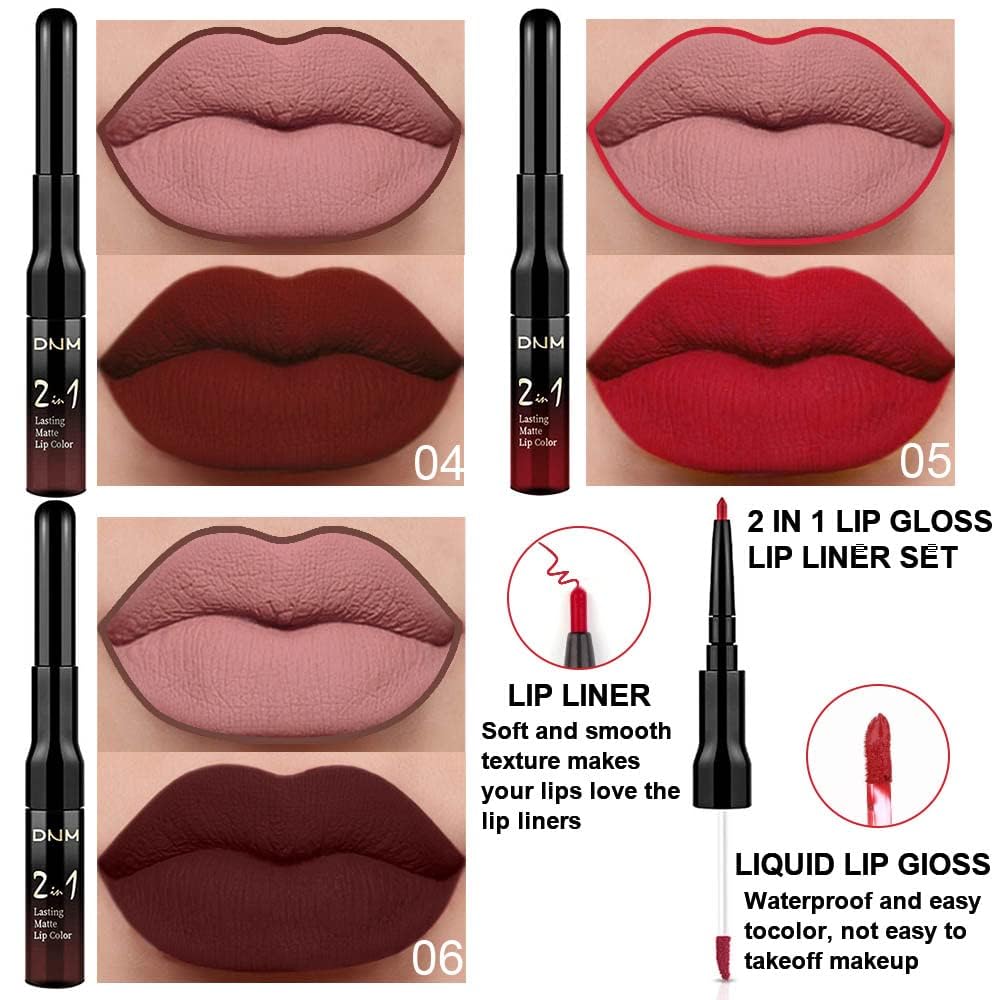 3Pcs 2 in 1 Dark Brown Ruby Deep Red Lip Liner and Liquid Lipstick Stain Makeup Set for women, Long Lasting Smudge Proof Lip Tint Matte Finish Lip Gloss for All-Day Color Hold Easy to Use, Set02