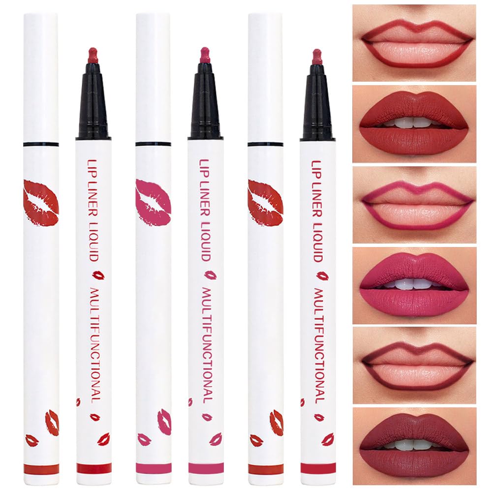 Kaely 3Pcs Dark Red Pink Cherry Red Longwear Liquid Lip Liner Waterproof, 24 Hour Long Lasting Lip Liner Stain Marker Pen, 2-in-1 Matte Semi Permanent Lipliner & Lipstick, 01+02+06