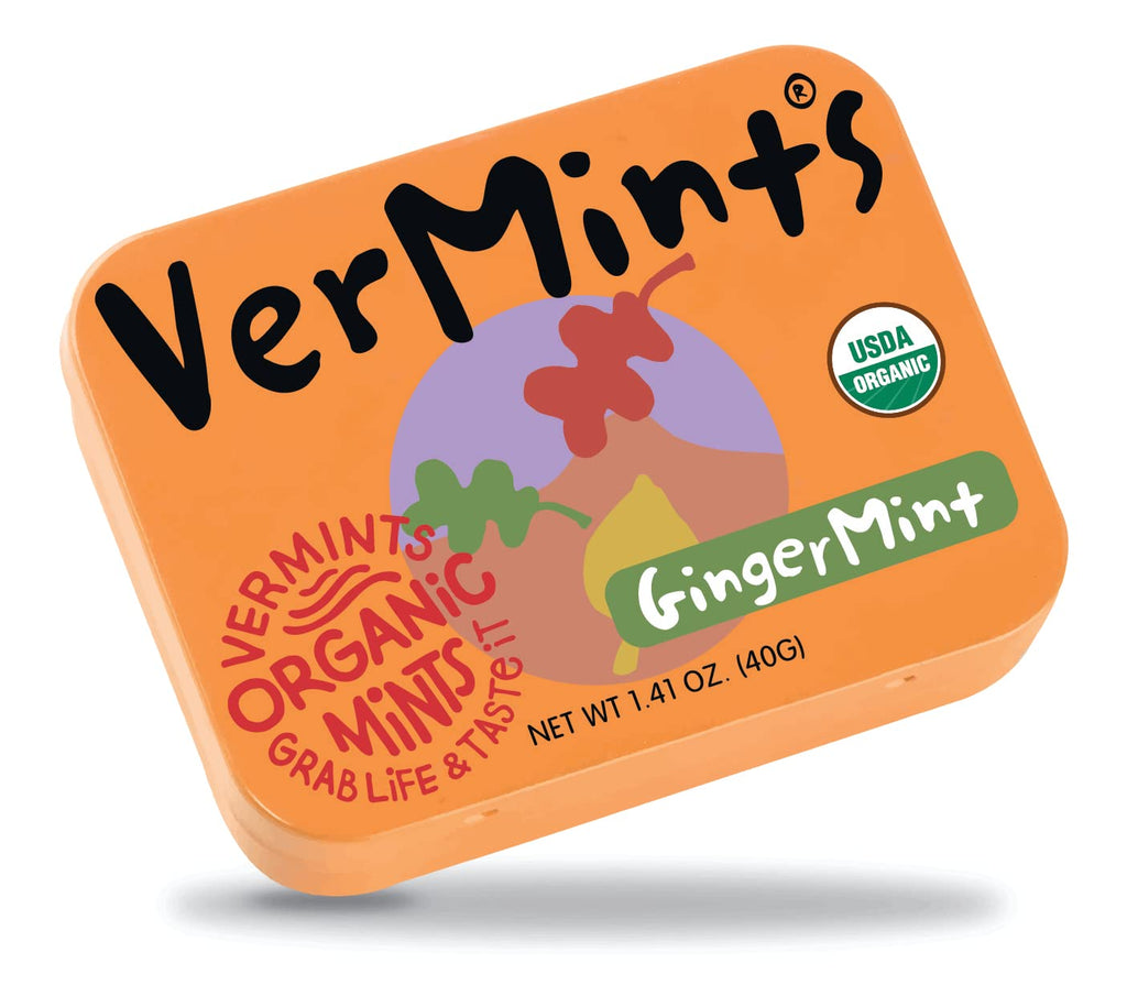 VerMints Organic Breath Mints GingerMint - Real Ginger Flavored Candies - Travel Size Tin - Non-GMO, Nut Free, Gluten Free, Vegan, Kosher Organic Candy Mints - 1.41oz Tins (Pack of 6)