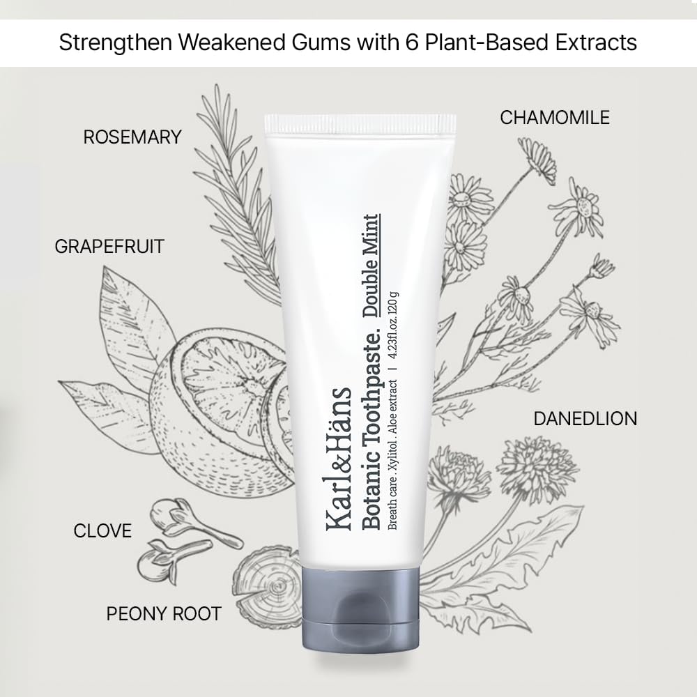 Karl&Hans Botanic Double Mint Toothpaste with Fluoride - Natural, Freshens Breath, Strengthens Enamel, Whitens Teeth, and Soothes Sensitive Teeth with Xylitol and Aloe Extracts, 4.23 oz