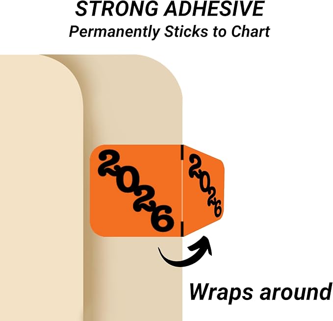 2026 Year Labels, Doctor Stuff 2026 Chart Stickers, Orange/Black Color Coded, Jeter Style, USA Made Year Labels for End Tab File Folders, 500/Roll, 1 Roll, 3/4" x 1-1/2"