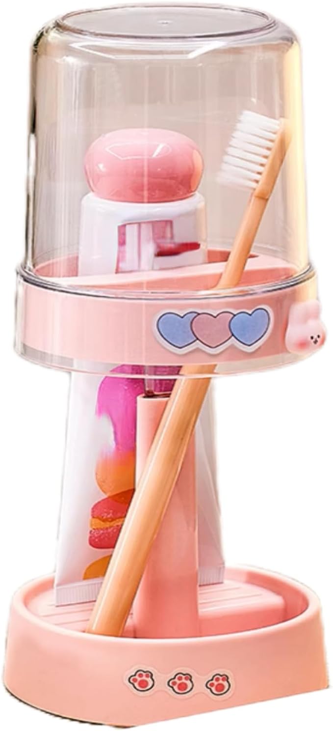 Kids Toothbrushes Holder with Cute Cup, with Kawaii Badge Sticker, Electric Toothbrush Holder for Kids Toddler, Tooth Brush Stand, Creative Bathroom Organizer Storage (Pink)
