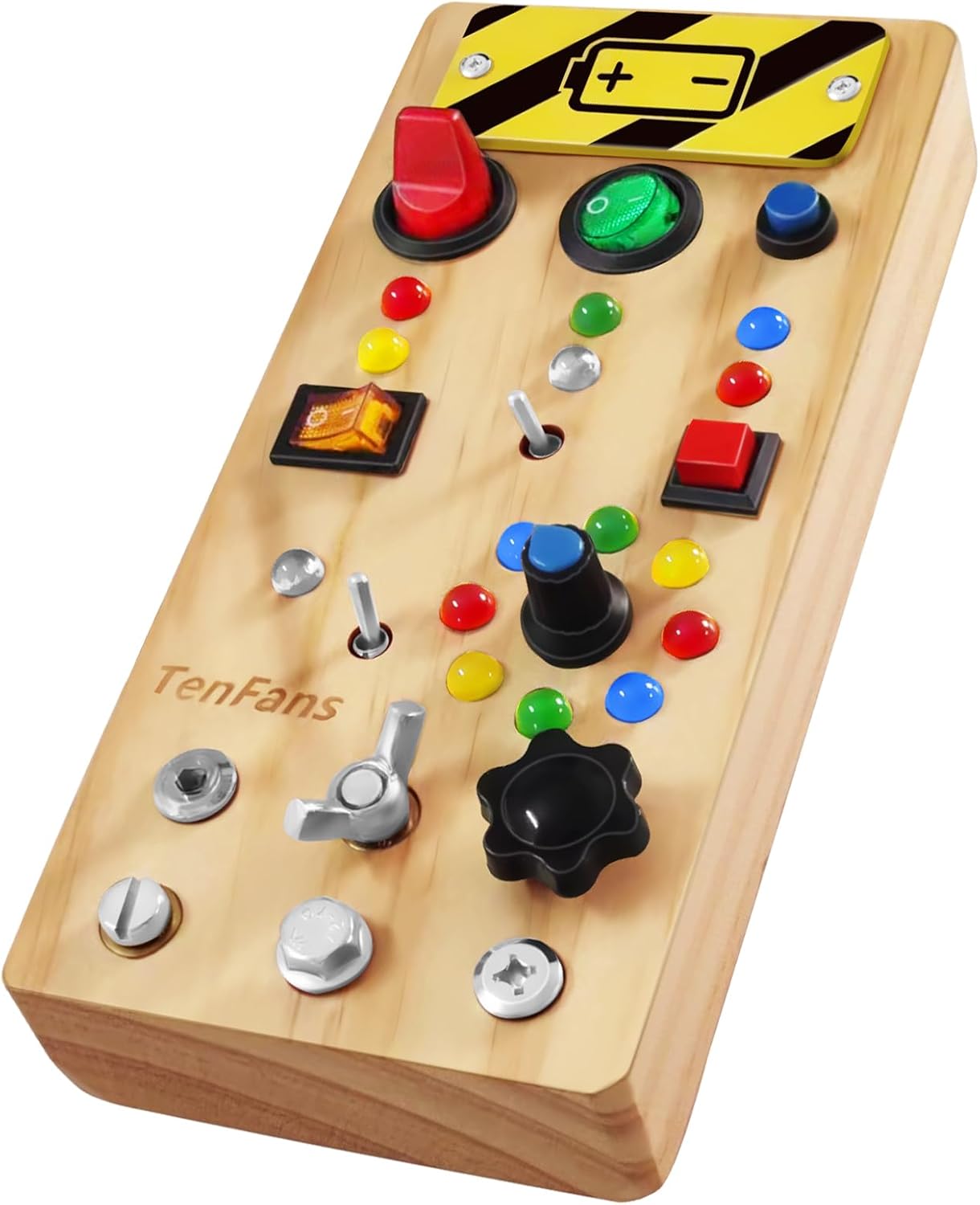 TenFans Montessori Busy Board with 8 LED Light Modes - Sensory Toys for 3-5 Year Olds & Airplane Travel, Wooden Activity Board Develops Fine Motor Skills