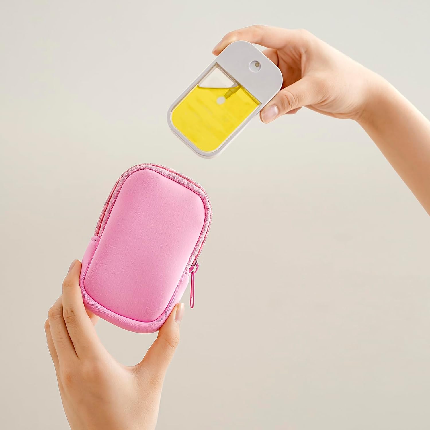 2Pcs Small Makeup Bag, Mini Portable Travel Cosmetic Bag, Soft Neoprene Makeup Pouch with Zipper, Fashion Accessory with Snap Hook, Cute Coin Purse Lipstick Cosmetic Travel Organizer(Black+ Pink)