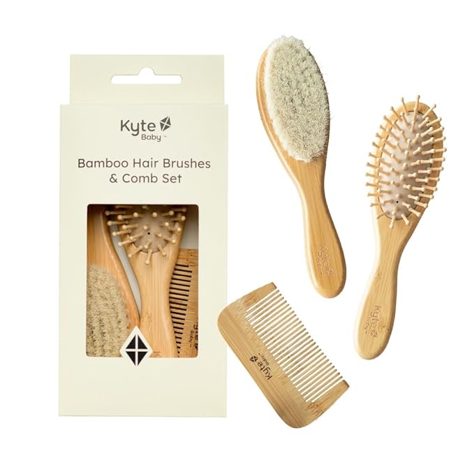 Kyte BABY Bamboo 3-Piece Brush Set - 1 Goat Hair Brush, 1 Wooden Bristle Brush and 1 Bamboo Comb