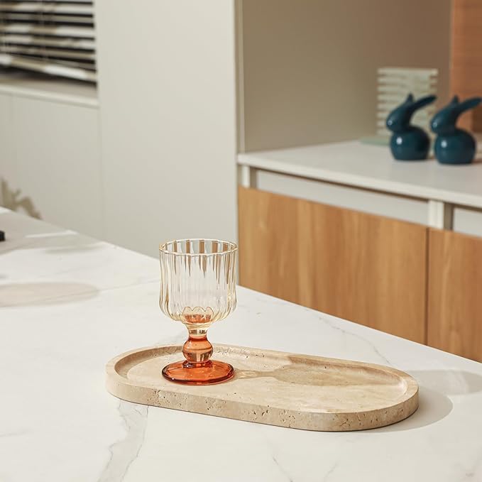 2 Pcs Travertine Tray, Oval Stone Tray for Bathroom Storage Home Decor, 12 x 6 Inch