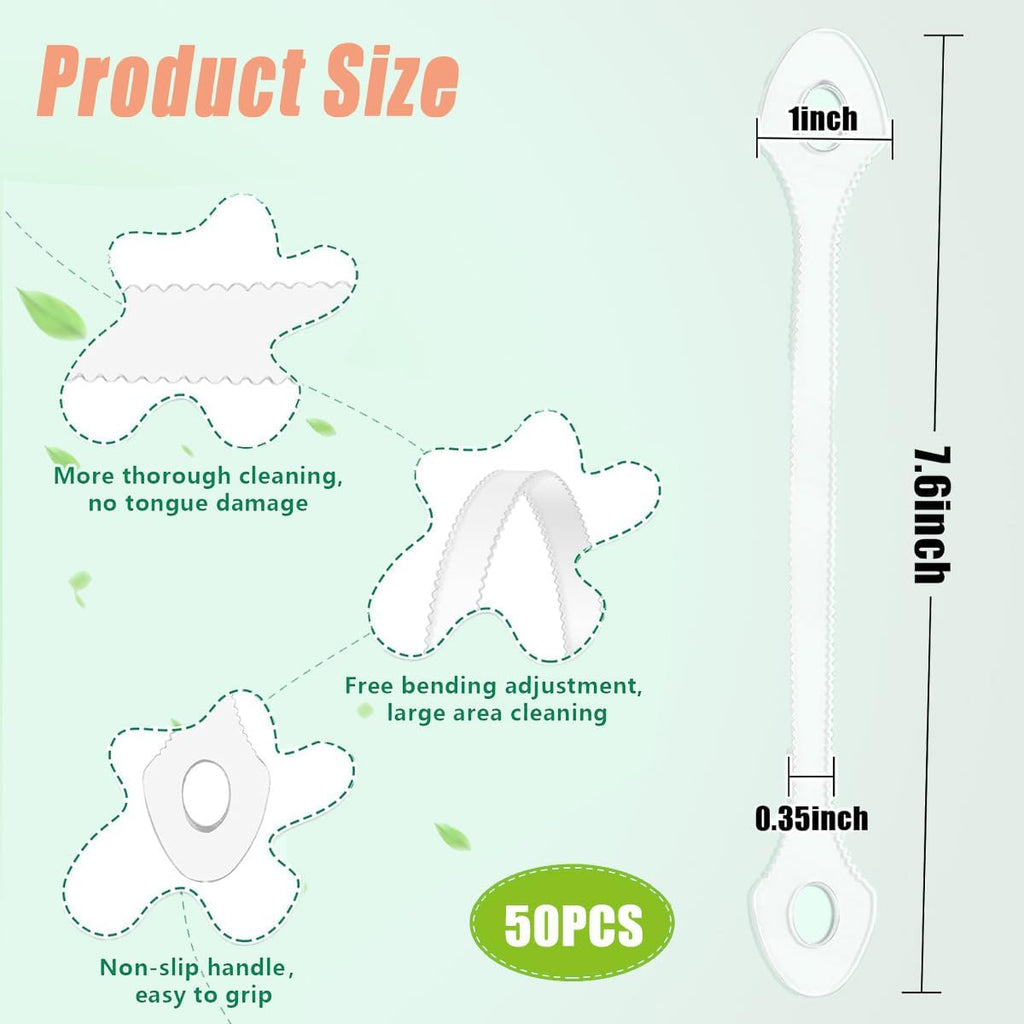 50 Count Disposable Tongue Scraper, Tongue Cleaner for Adults and Kids, Ergonomic plastic tongue scraper,Tongue Scrubber for Oral Care,Reduce Bad Breath,Promote Fresh Breath