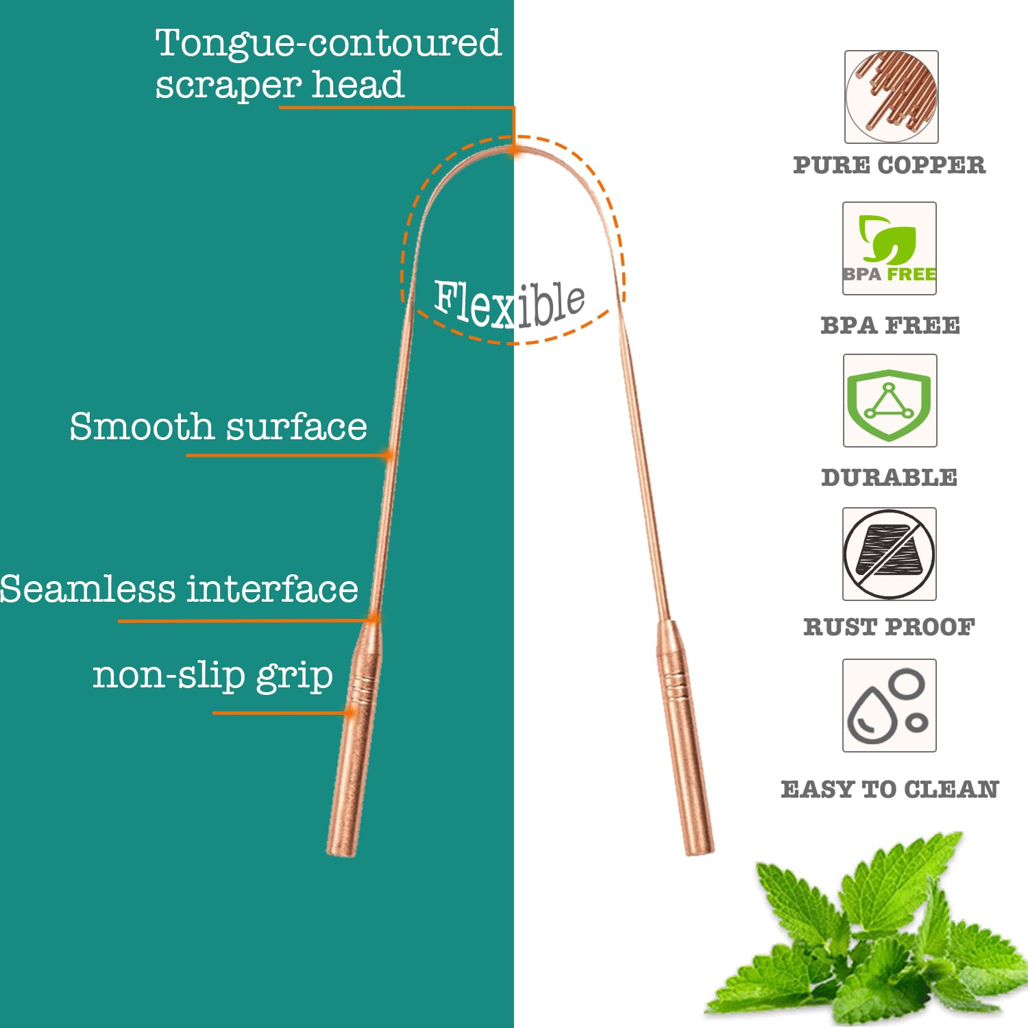 Copper Tongue Scraper (2 Pack), Tongue Cleaner for Reduce Bad Breath, Tongue Scrapers for Adults & Kids, 100% Copper Metal Tongue Scrubber Set for Oral Care & Easy to Use (short-handle)