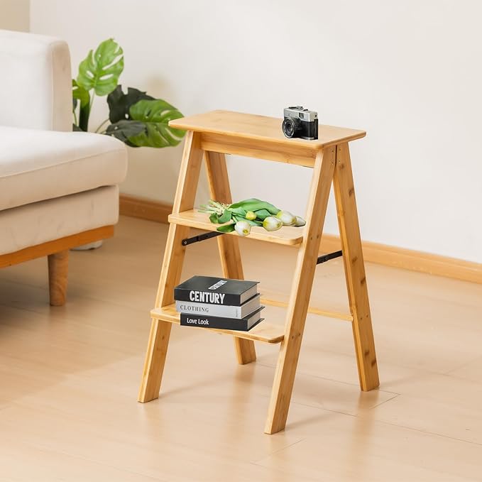 Latifolia Foldable 3 Step Ladder, Bamboo Step Stool with Floor Saver, Decorative Ladder Shelf for Living Room, Kitchen, Garden(Nature)