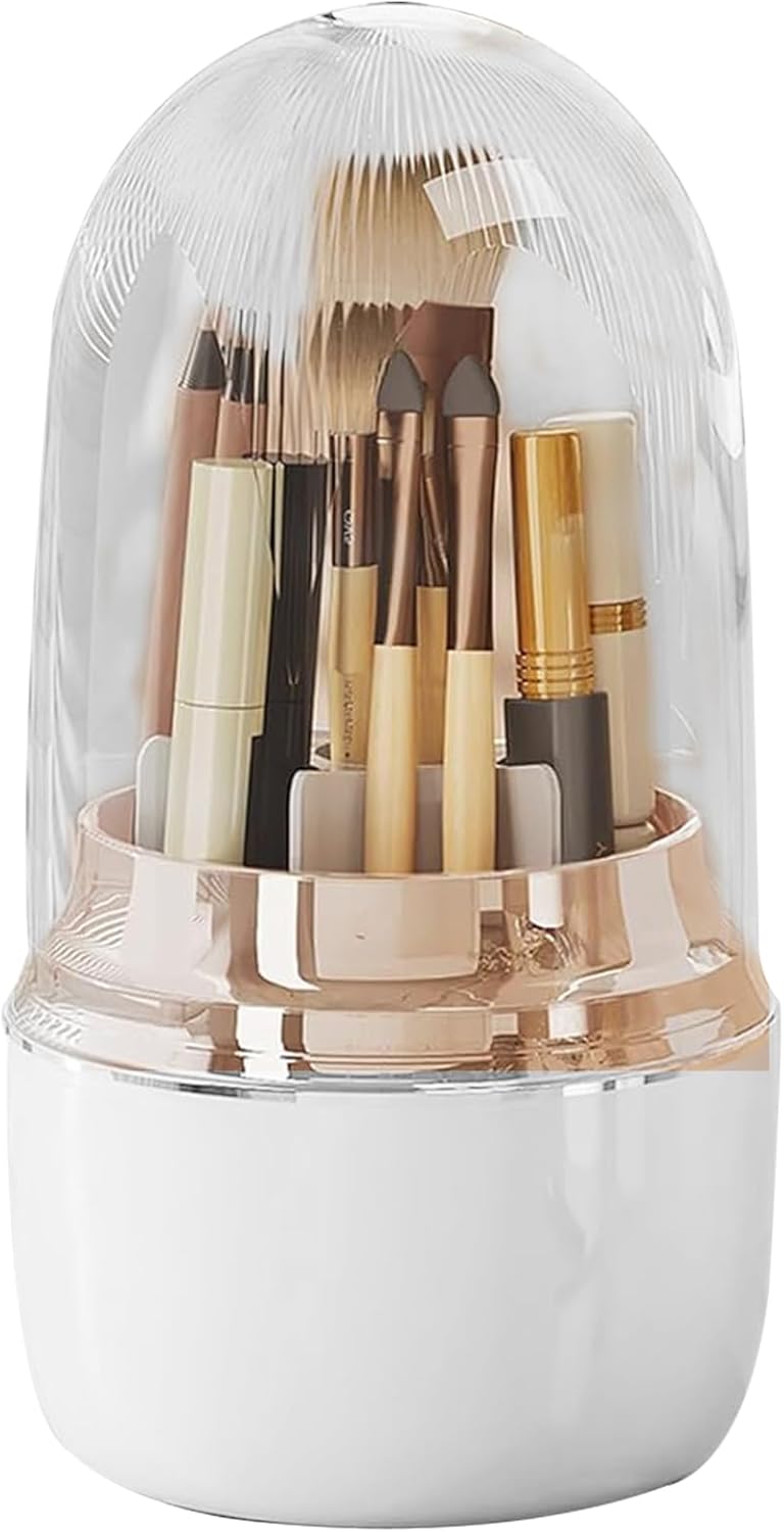 360° Rotating Toothbrush Holder with Cover, 7-Slot Bathroom Organizer for Electric Toothbrush, Toothpaste, Razors, Draining Water, Countertop Vanity Storage