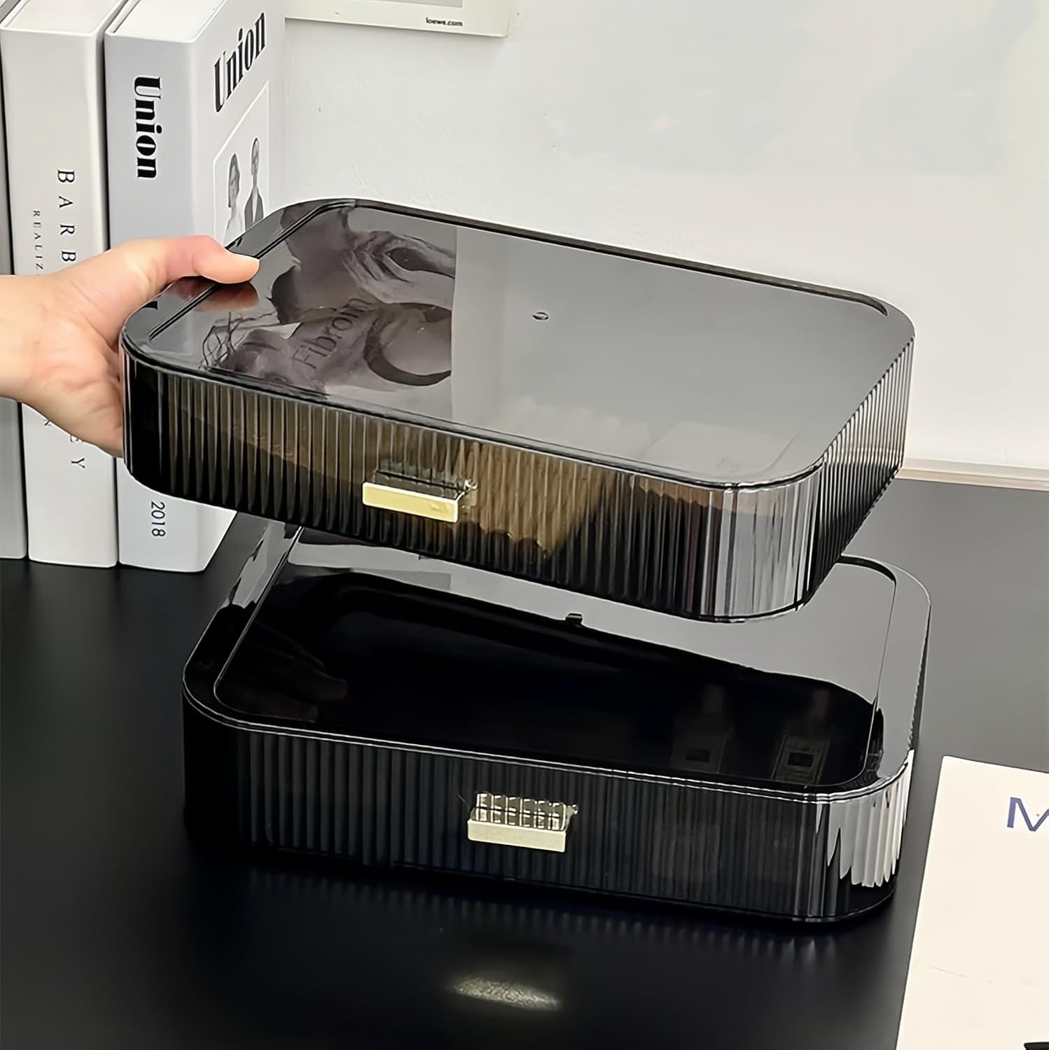 Stackable Cosmetics Organizer Drawers, Bathroom Vanity Makeup Organizer and Storage, Ideal for Desk and Dresser Countertops, Great for Palette, Skincare, Lipsticks, Nail Care-Black