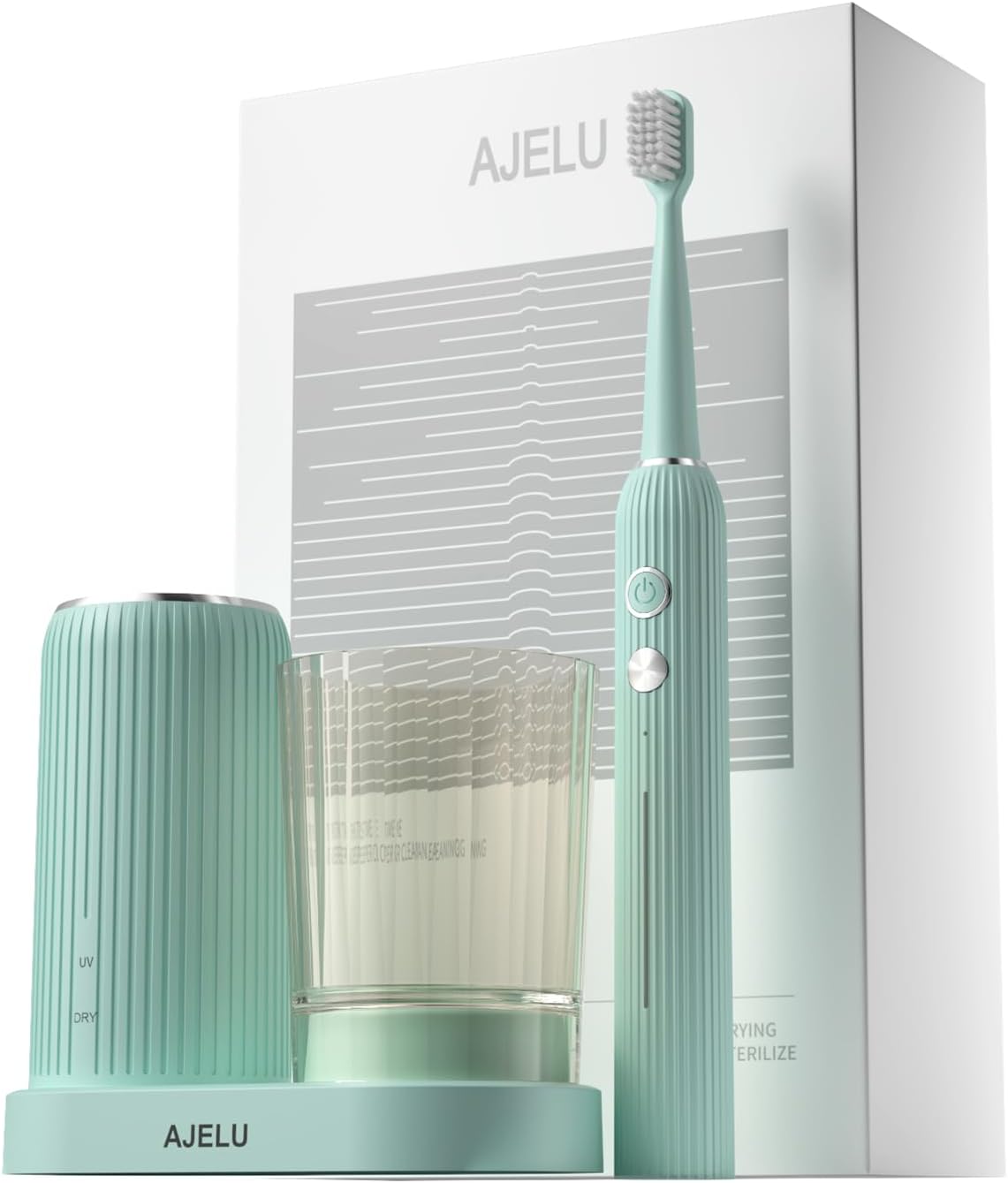 Rechargeable Sonic Toothbrush with Drying Holder, 8 Brush Heads, Smart Timer, Waterproof Design – Mint Green Edition