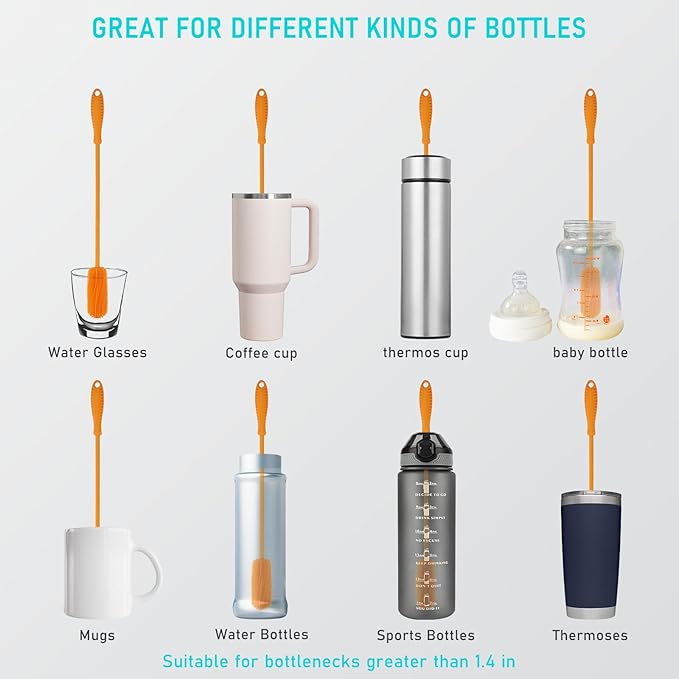 15.7" Silicone Bottle Brush, ddLUCK Water Bottle Cleaner Brush for Stanley, Hydroflasks, Glass, Thermos Sports Bottle, Vase and Glassware, Bottle Brush Cleaner for Narrow Neck Containers (Orange)