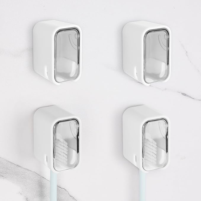 4 Pack Toothbrush Holders for Bathrooms Shower, Wall Mount Toothbrush Organizer with Cover, Self Adhesive Electric Toothbrush Storage, Quick Dry Toothbrush Hanger (Grey)