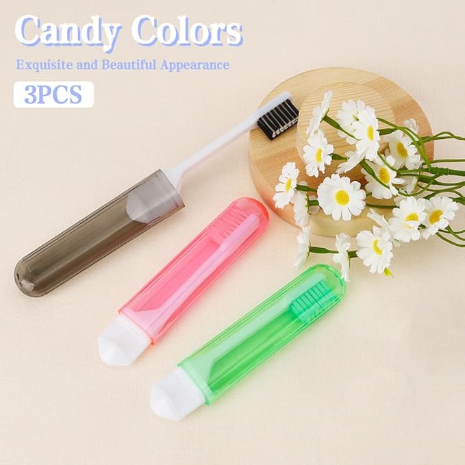 Travel Toothbrush 3Pcs Travel Toothbrush Set Mini Toothbrushes Soft Portable Toothbrushes Travels with Tooth Brush Cover Small Folding Toothbrush Individually Wrapped for Travels Home Black Green Pink