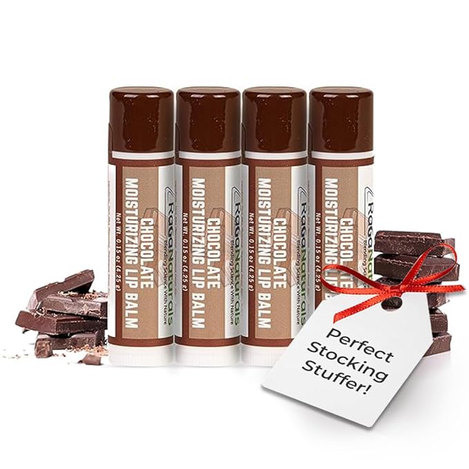 RaGaNaturals Natural Chocolate Lip Balm - Original Beeswax, Shea Butter, Jojoba Oil, Vitamin E - All Day Hydration for Dry & Cracked Lips - Stocking Stuffers & Christmas Gift -Handmade in USA (4 Pack)