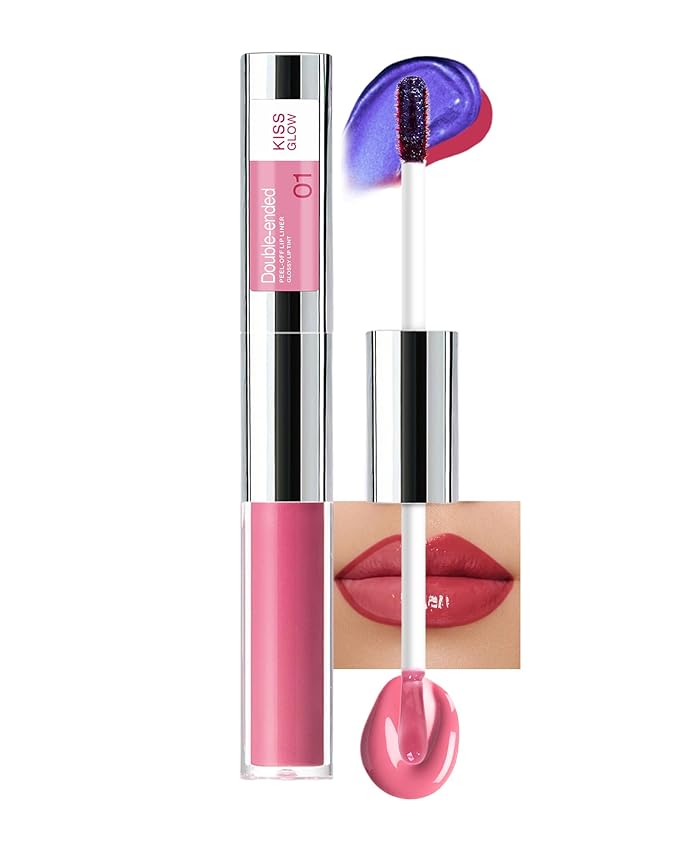 Dual Ended 2 in 1 Peel Off Lip Stain & Lips Gloss Kit, Waterproof Long Lasting Qiciy Tattoo Lip Gloss Color Peel Off Lips Liner, Tinted Liquid Lipstick, Matte & Glossy Womens Makeup-01 Fuchsia Pink