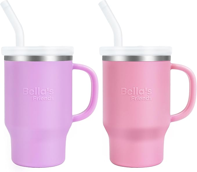 Bella's Friends Handy Mini Tumbler – Adorable 9 oz Toddler Sippy Cup, Stainless Interior & Silicone Body, Leak‑Proof, Dishwasher Safe, Gift for 1-3 Years Old Girls & Boys, 2 Pack, Lilac & Peony
