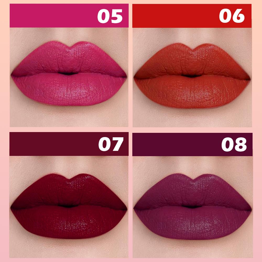 4Pcs Matte Lipstick Set for Women, Hot Pink Orange Red Maroon Plum Purple LIpstick Lip Balm, Long Lasting Waterproof Transfer-Proof Vegan Lip Gloss Products Makeup All-Day Formula SetA02
