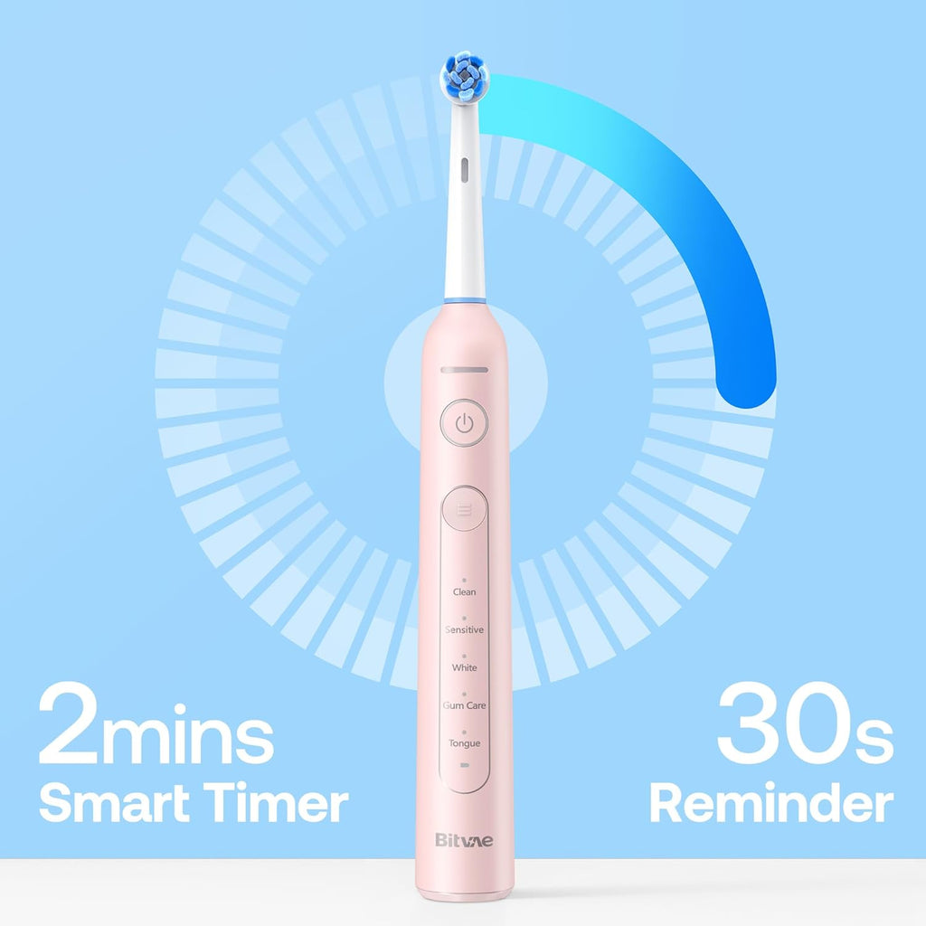 Bitvae R2 Rotating Electric Toothbrush for Adults with 8 Brush Heads, 5 Modes Rechargeable Power Toothbrush with Pressure Sensor, Pink