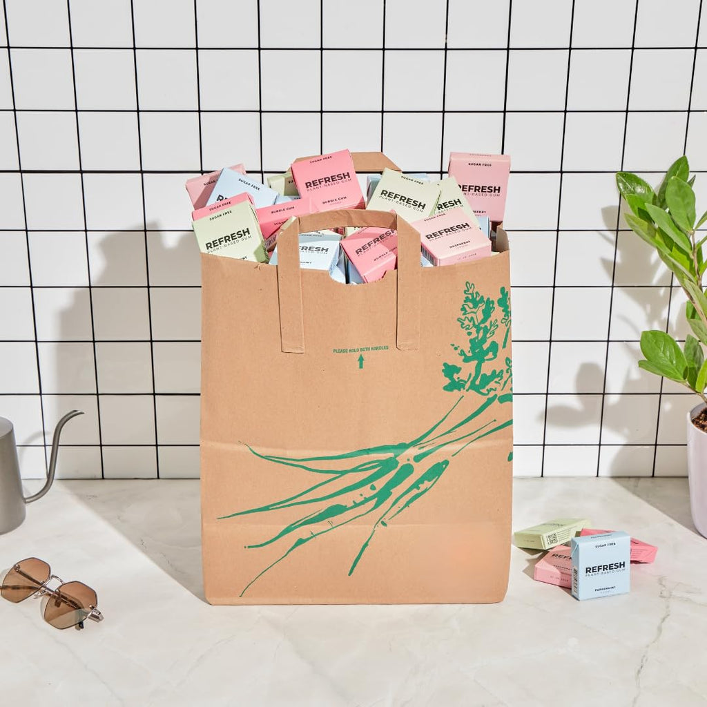 Refresh Gum, Xylitol, Natural, Sugar Free, Plastic Free, Organic Ingredients, Non GMO, Peppermint, Garden Mint, Bubble Gum, Peach & Raspberry Variety Pack, 12 Pcs, 6 Pack