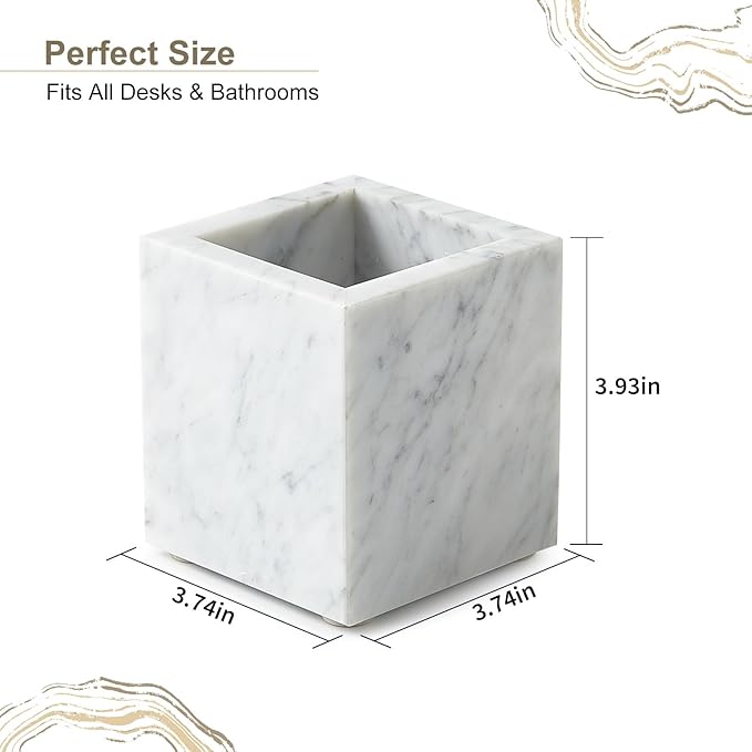Real Natural Marble Toothbrush Holder & Pen Holder & Makeup Brush Holder, Genuine Stone Rectangular Bathroom Tumbler Cup, Durable Office & Home Countertop Organizer