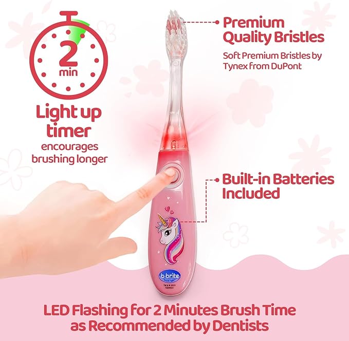 Lily's Home Kids Flashing Timer Toothbrush with Soft Bristles, Rising Cup & Cover - Fun 2-Min Light-Up Brushing for Children - Toddler Toothbrush Kit (Unicorn) - Set of 2