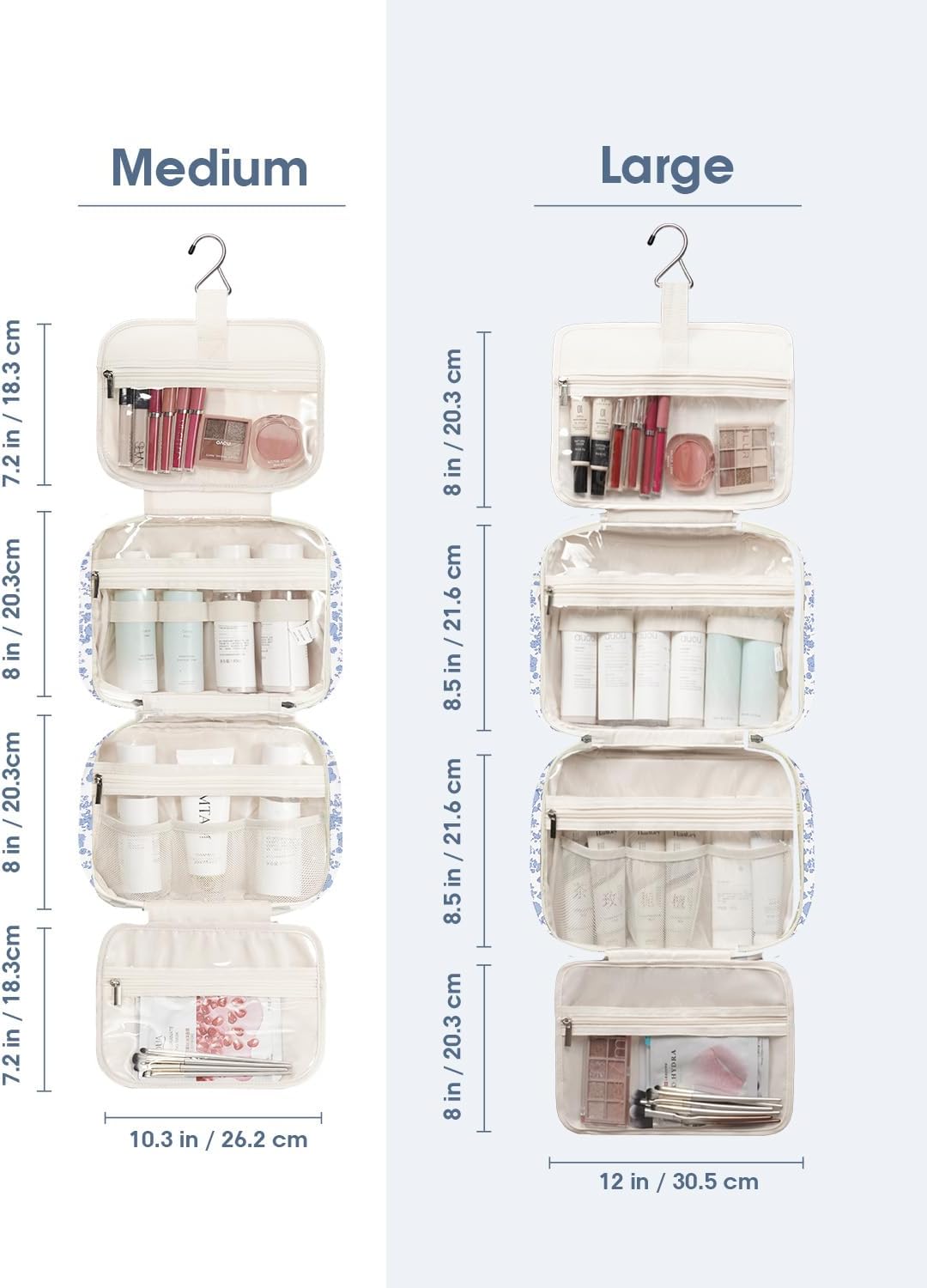 Narwey Hanging Floral Toiletry Bag for Women Travel Makeup Bag Organizer Toiletries Bag for Travel Size Essentials Accessories Cosmetics (Little Blue Flower (Medium))