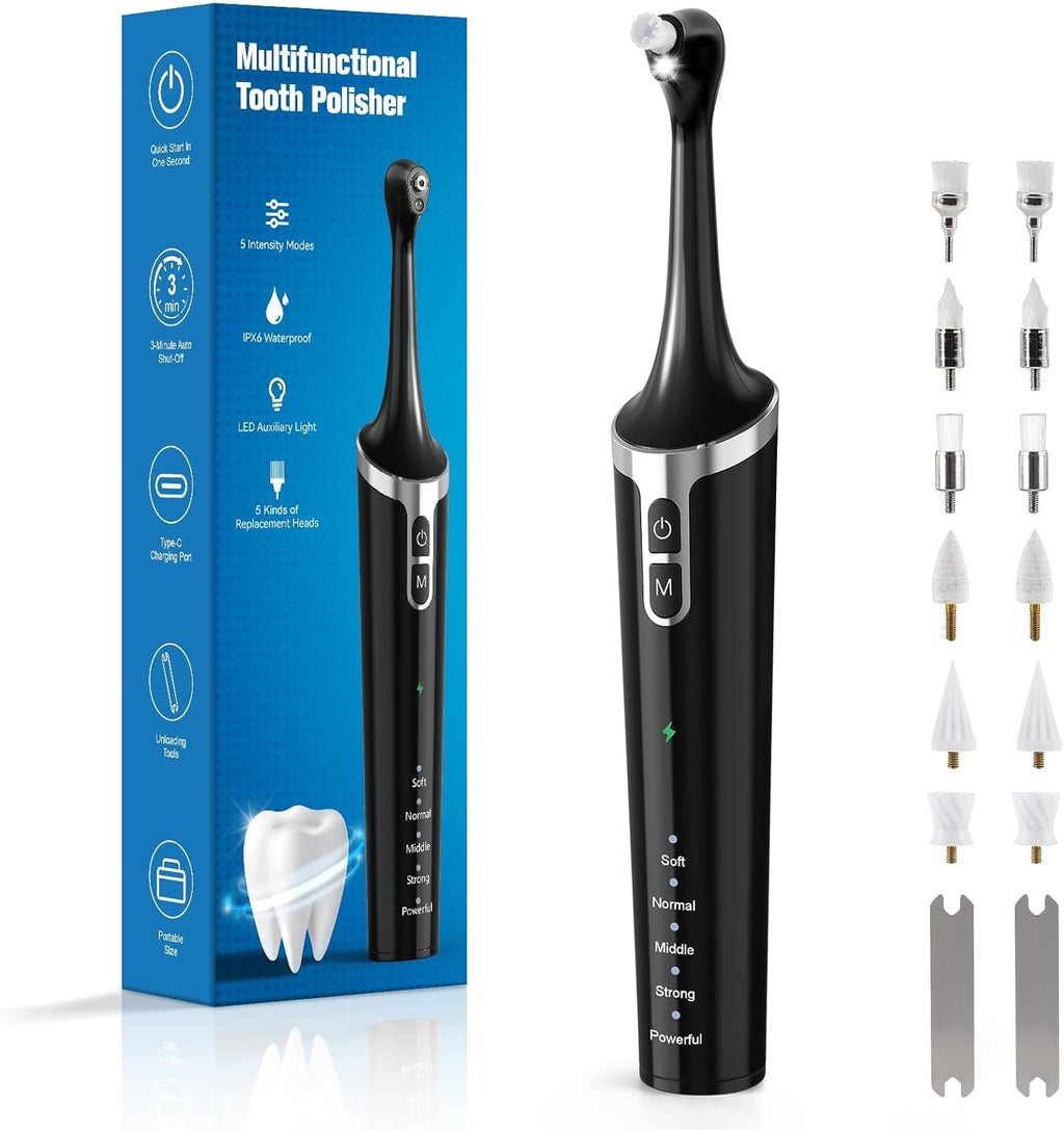 Tooth Polisher,Rechargeable Teeth Whitening Kits for Teeth Daily Cleaning and Whitening,Dental Polisher with 2 Set Polishing Brush Heads,LED Light,5 Speed Modes,Waterproof