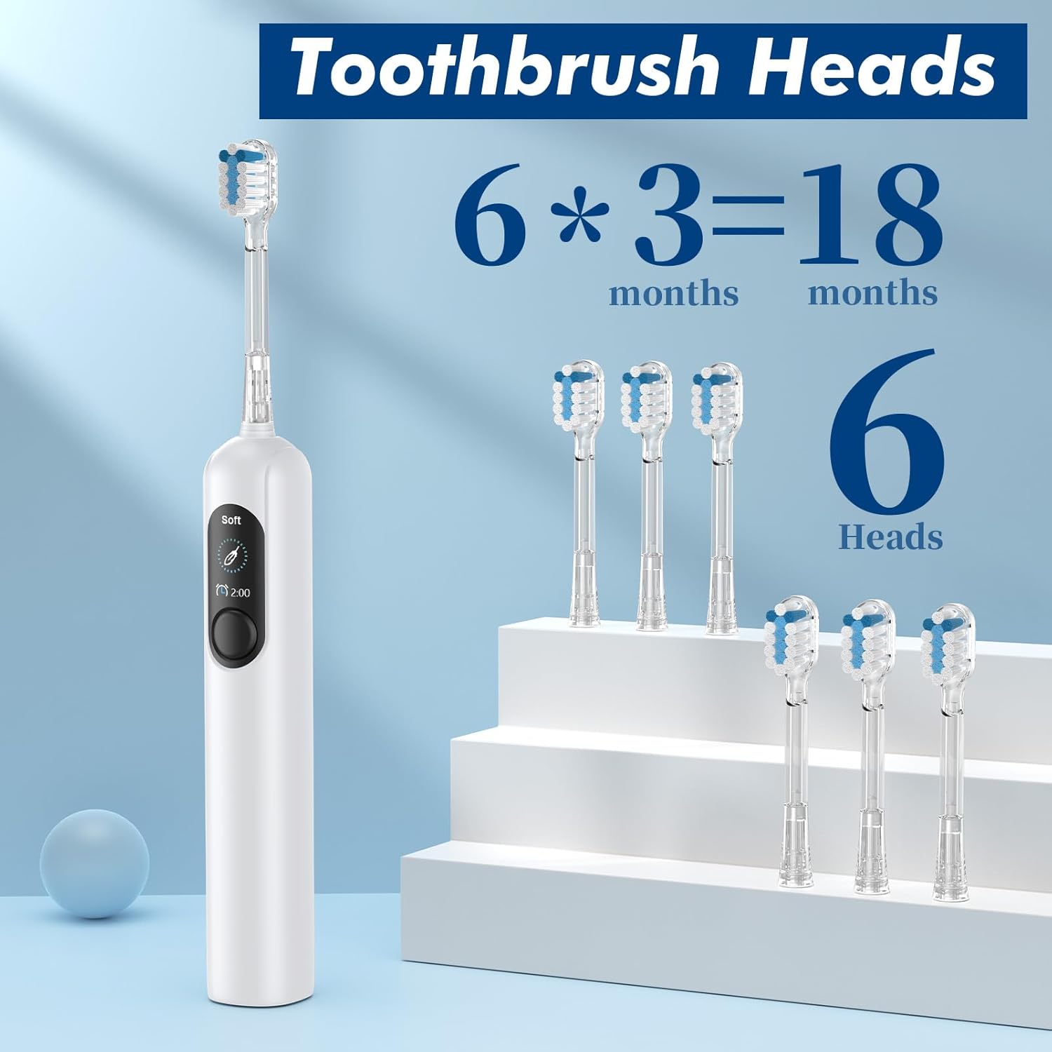 Sonic Electric Toothbrush for Adults with 6 Replacement Brush Heads and 4 Cleaning Modes, Rechargeable Toothbrush, Smart Timer, LCD Display, 4-Hour Fast Charge, IPX7 Waterproof, Travel-Friendly White