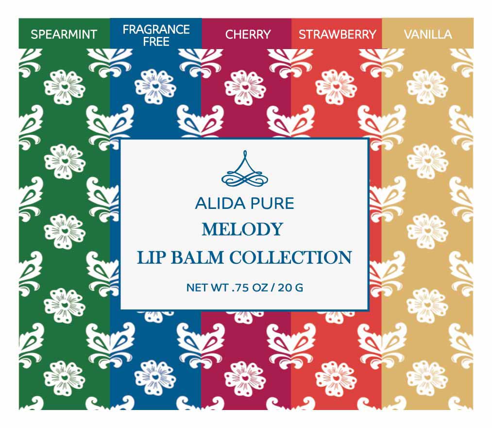 ALIDA PURE Melody Lip Balm Collection, Vegan, Lip Balm, Beeswax Free, with Avocado Oil, Organic Jojoba Oil, and Vitamin E, Natural Moisturizer for Dry, Chapped Lips, 5 Tube Set