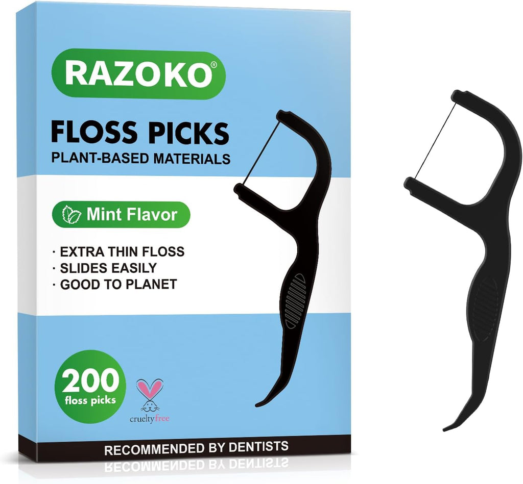 RAZOKO Biodegradable Dental Floss Picks, Charcoal Toothpick Stick Soft On Gum & Teeth, Plant Based Dental Floss Picks for Adults & Kids 200 Count
