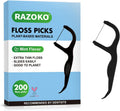 RAZOKO Biodegradable Dental Floss Picks, Charcoal Toothpick Stick Soft On Gum & Teeth, Plant Based Dental Floss Picks for Adults & Kids 200 Count