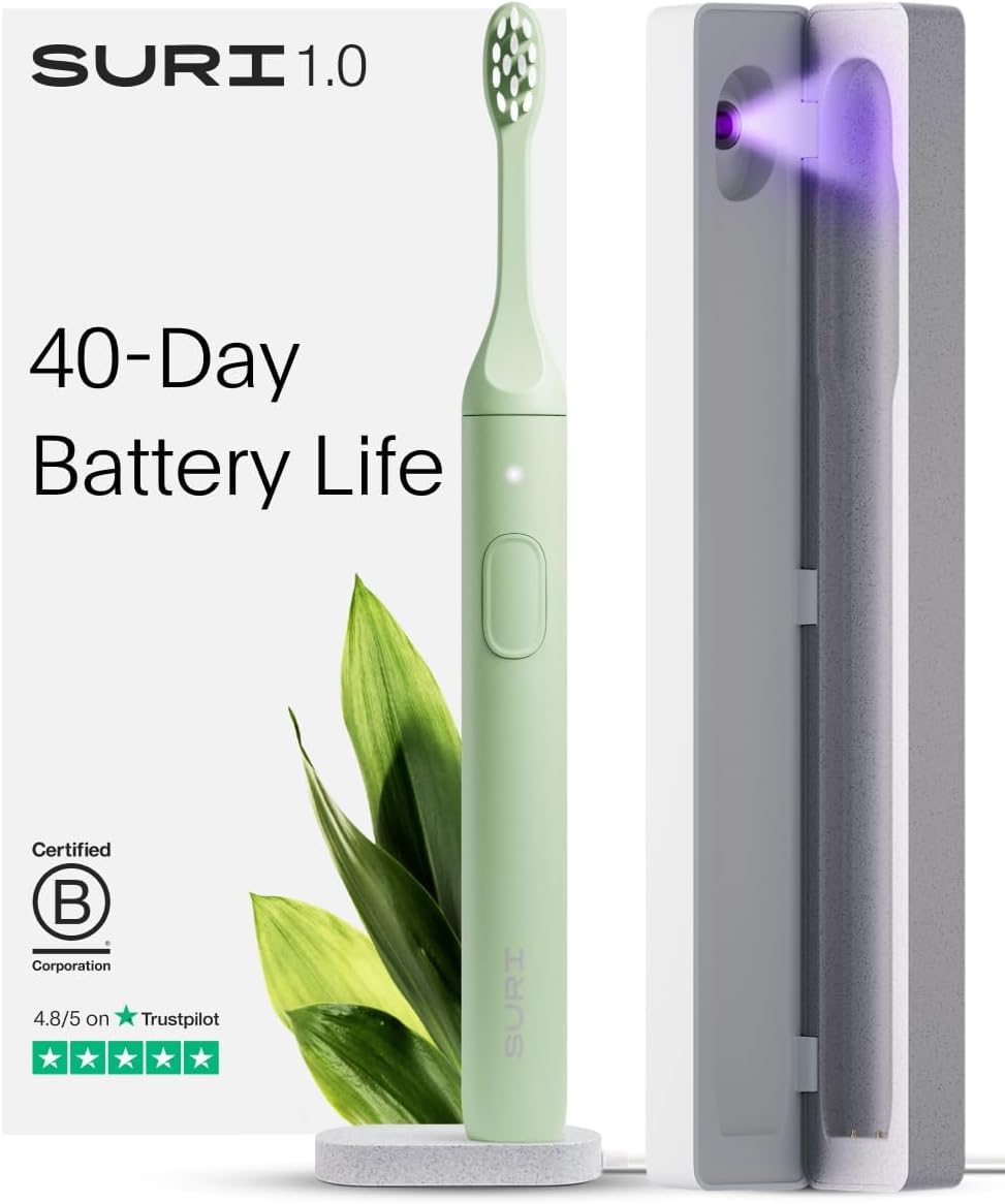 SURI 1.0 Sonic Electric Toothbrush with UV Cleaning Travel Case | 1 Month+ Battery | Designed in California | Electric Toothbrush for Adults | Travel Toothbrushes | Tooth Brush | Green
