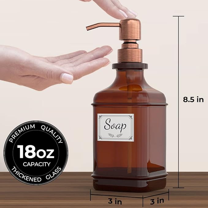 GLADPURE Soap Dispenser 2 Pack, Hand Soap Dispensers with 18 Oz Antique Design Thick Amber Glass Bottle, 316 Rust Proof Stainless Steel Pump, 6Pcs Stickers, for Lotion, Soap - Brushed Copper