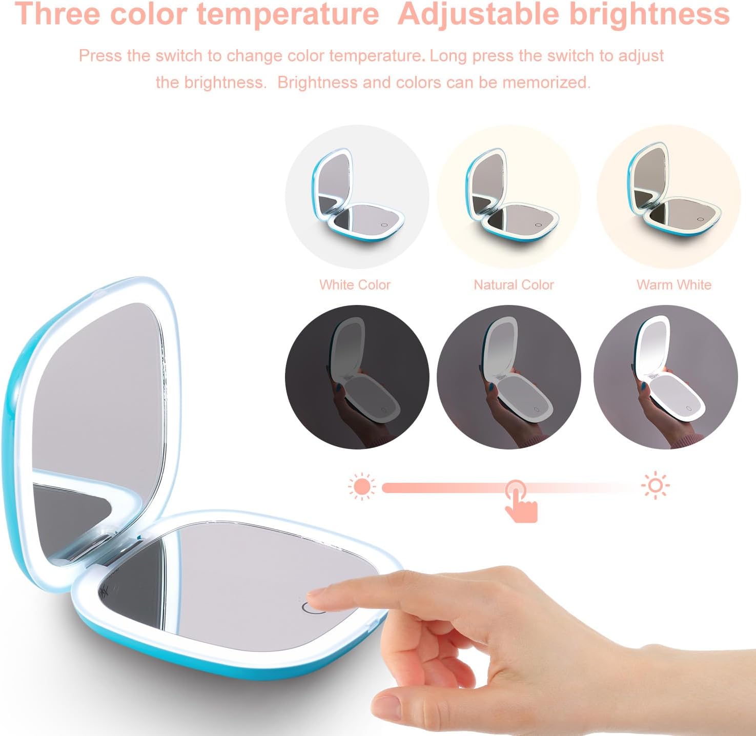 Mocado Compact LED Travel Makeup Mirror - 4 Inches 1X/10X Magnification Travel Mirror with Light Dimmable Double Sides Lighted USB Rechargeable Compact Mirror for Purse,Pocket,Travel(Blue)