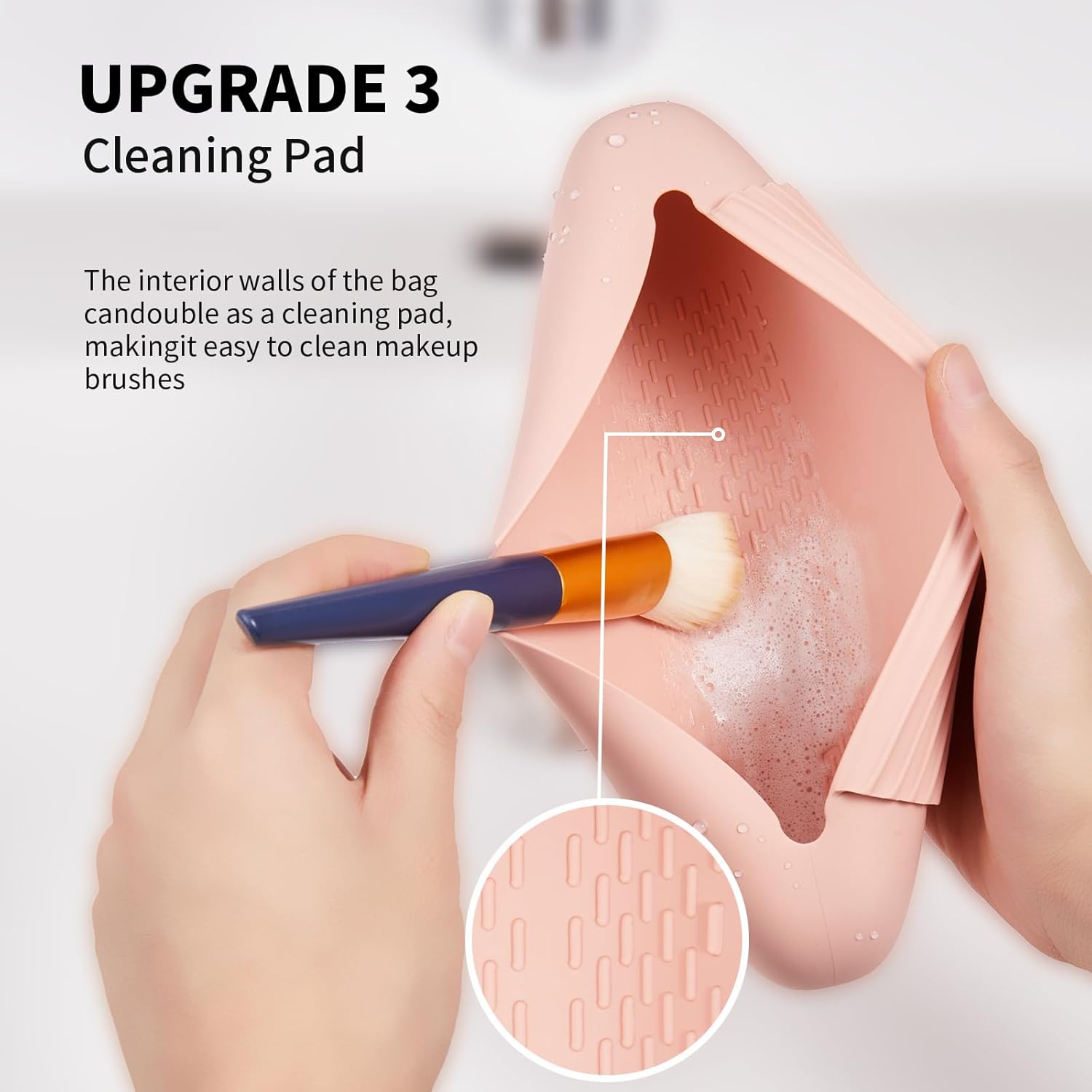 2 IN 1 Silicone Makeup Brush Holder with Beauty Make Up Sponge Holder Case：Soft Portable Cosmetic Face Brushes Holder with Upgrade Anti-Fall Out Magnetic Closure - Pink Sand