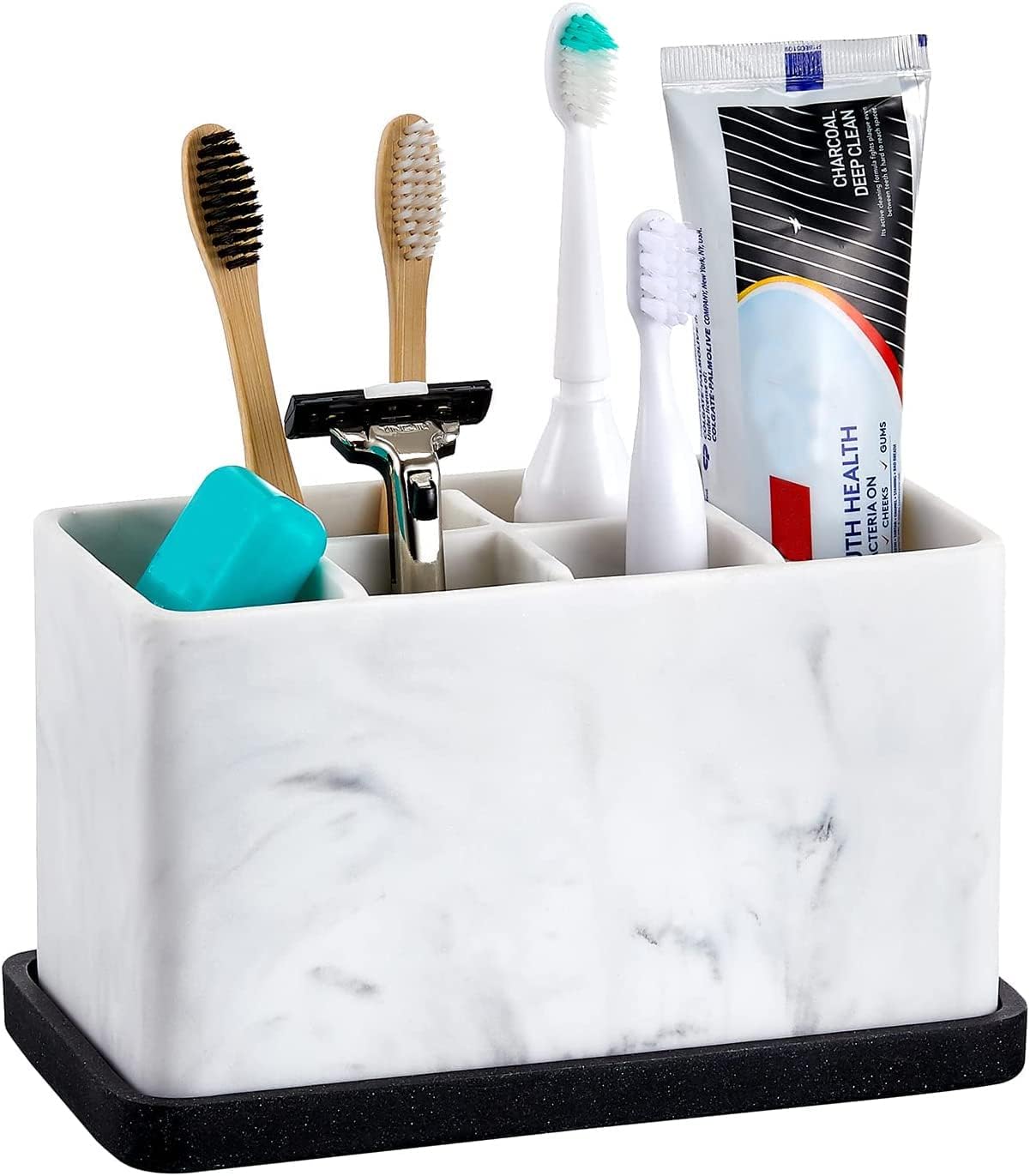ZCCZ Marble Look Toothbrush Holder for Bathroom Countertop Organizer, Holds Toothpaste, Dental Floss, Razor, Comb, Makeup Brushes, and More, Stylish Bathroom Accessory for Tooth Brushing Essentials