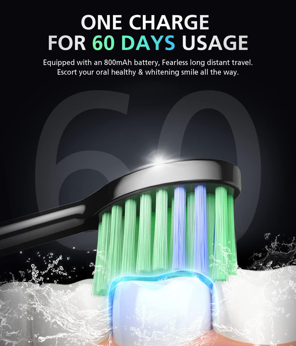 BAOVERI Electric Toothbrush with 6 Dupont Brush Heads, Rechargeable Ultrasonic Electric Toothbrushes, IPX7 Waterproof, 5 Modes, 2 Minutes Smart Timer, 4 Hours Fast Charge for 60 Days