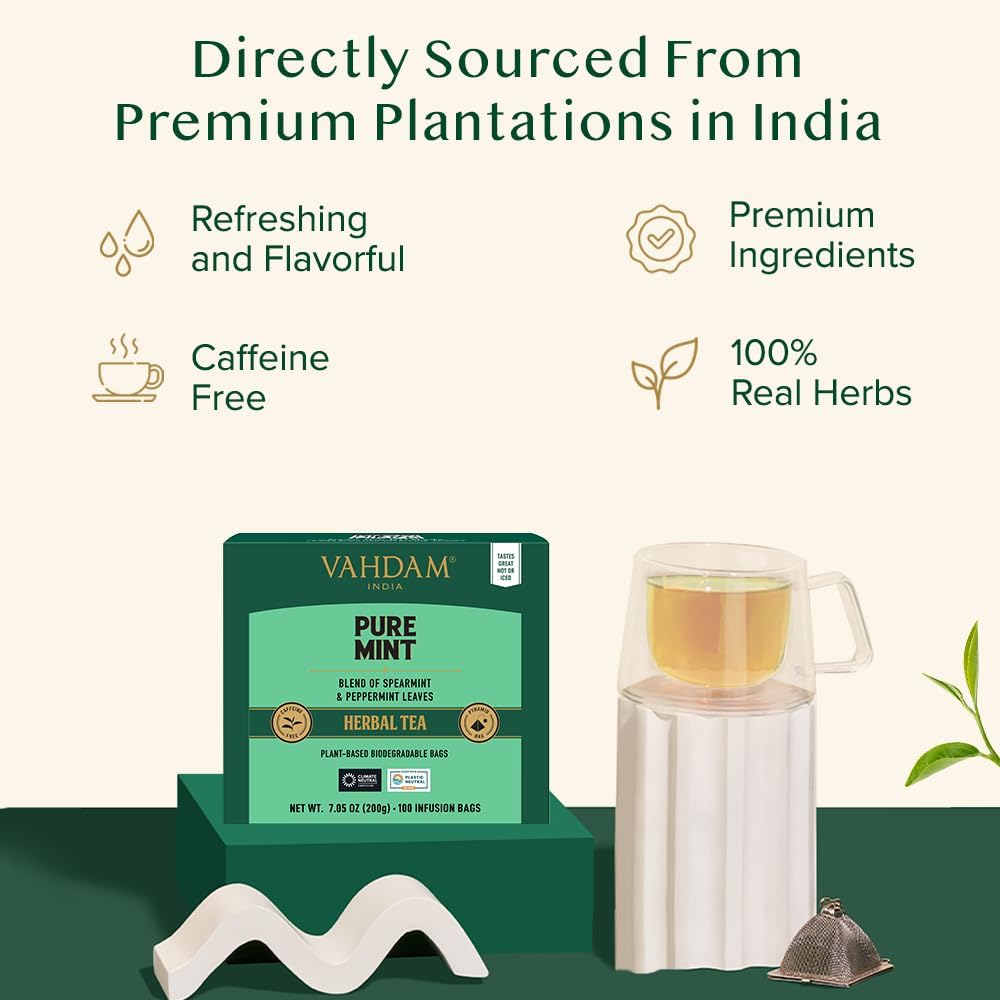 VAHDAM, Pure Mint Herbal Tea (100 Pyramid Tea Bags) Caffeine Free, Non GMO, Gluten Free | Blend of Spearmint & Peppermint - Sweet & Minty | Resealable Ziplock Pouch