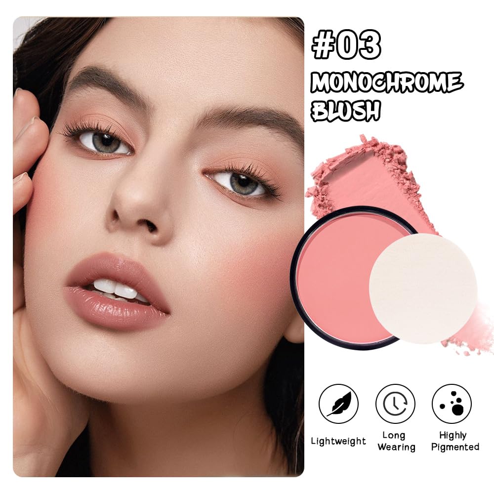Natural Single Matte for Face Cheeks Blush with Makeup Powder Puff, Nude Skin Monochrome Blush Cream Powder Makeup Palette Blushes Long-lasting Color Blendable Foundation for Women Every Day 03
