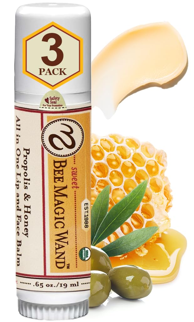 Organic Beeswax Lip Balm - Natural Chapstick for Dry Lips - Honey & Propolis Moisturizing Wand - Non Petroleum Lip Balm for Men & Women - Clean Lip Care for All Skin Types, Pack of 3