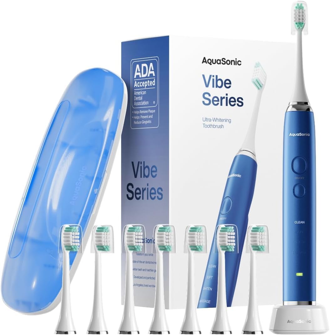Aquasonic Vibe Series Ultra-Whitening Toothbrush – ADA Accepted Electric Toothbrush - 8 Brush Heads & Travel Case – 40,000 VPM Motor & Wireless Charging - 4 Modes w Smart Timer – Sapphire Blue