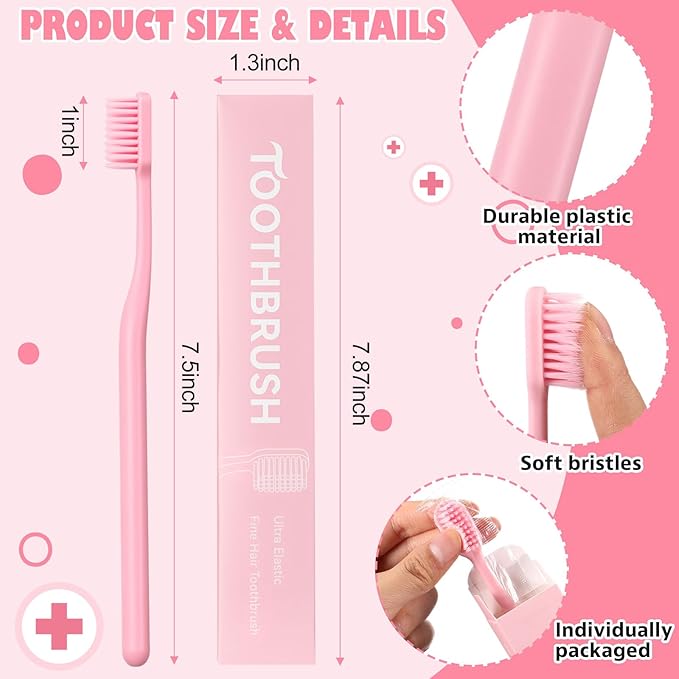 12 Pcs Pink Toothbrush Extra Soft Toothbrush Intensive Clean Tooth Brush for Adults Deep Clean Tooth Brush Individually Wrapped Gentle Bristles for Home Hotels Travel Supplies