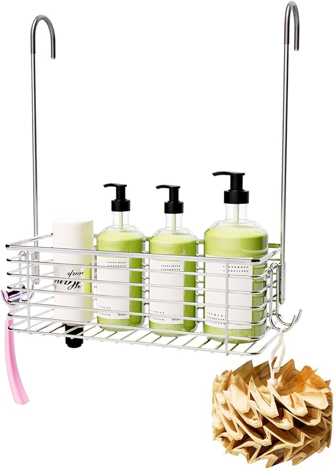 Over Door Shower Caddy, Stainless Steel Bathroom Organizer with Rotating Hooks, Hanging Storage Basket for Shampoo