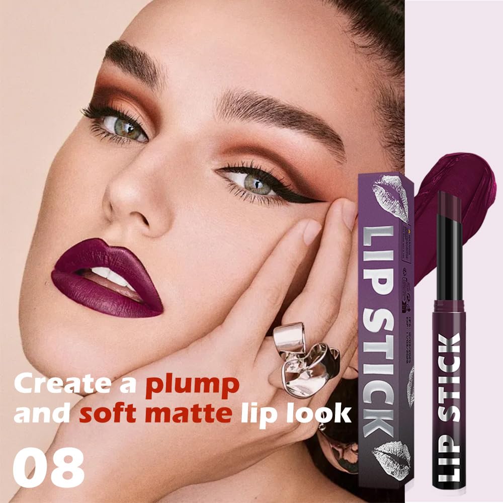 Plum Purple Matte Lipstick for Women, Long Lasting Waterproof Transfer-Proof Vegan, 24 Hours Moisturizing Glossy Shine Lip Gloss, Lipstick Palette Beauty Products Makeup All-Day Formula A08#